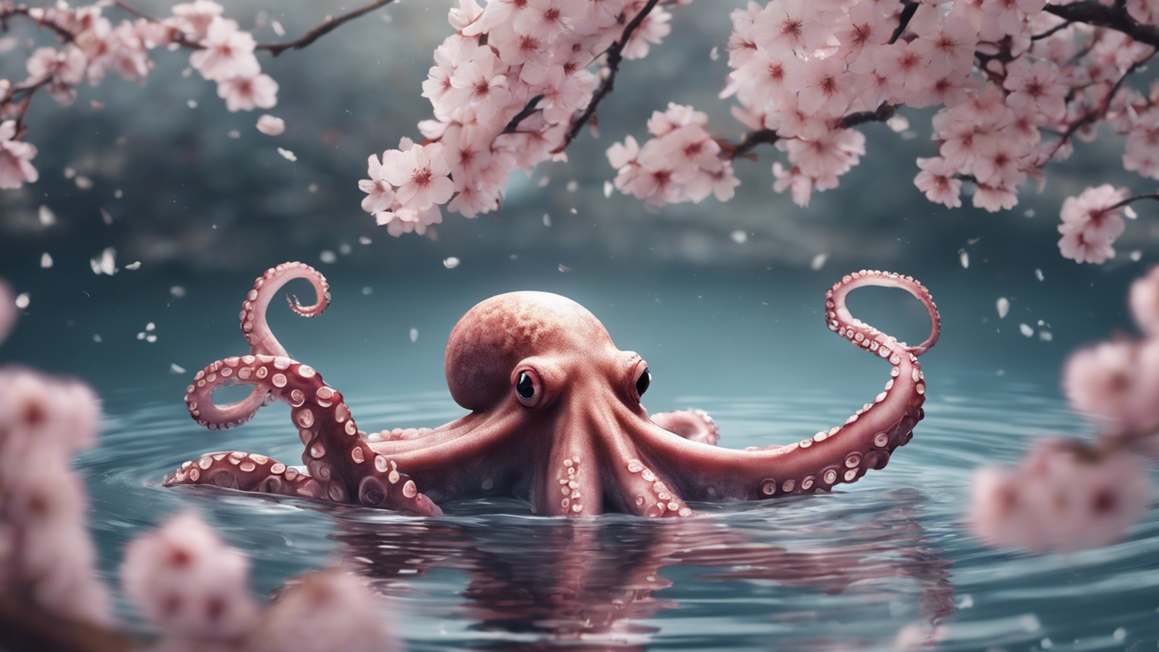 A sketch of an octopus floating peacefully in the water, with Japanese cherry blossoms gracefully falling around. Behang[a4f14d80ca6f4b538d98]