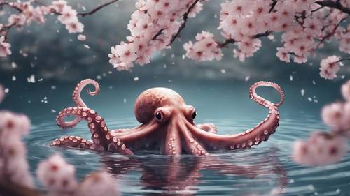 一隻章魚平靜地漂浮在水中，周圍的日本櫻花優雅地飄落。