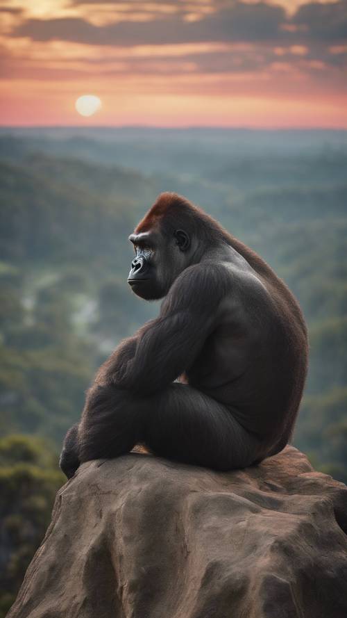 Seekor gorila sendirian menyaksikan matahari terbenam dari puncak tebing yang menjulang tinggi, tenggelam dalam pikirannya.