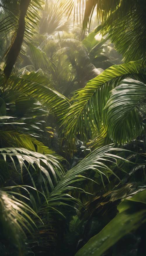 Une scène surréaliste d’une forêt tropicale humide, où toutes les feuilles de palmier se sont transformées en or.