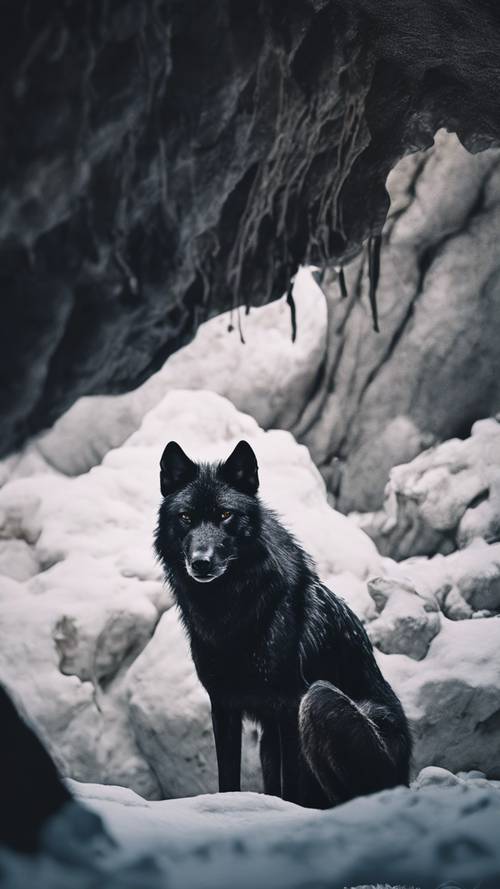 An injured black wolf taking refuge in a dark cave.