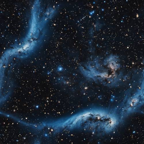 A deep space vista highlighting a cascade of black and blue galaxies swirling together.