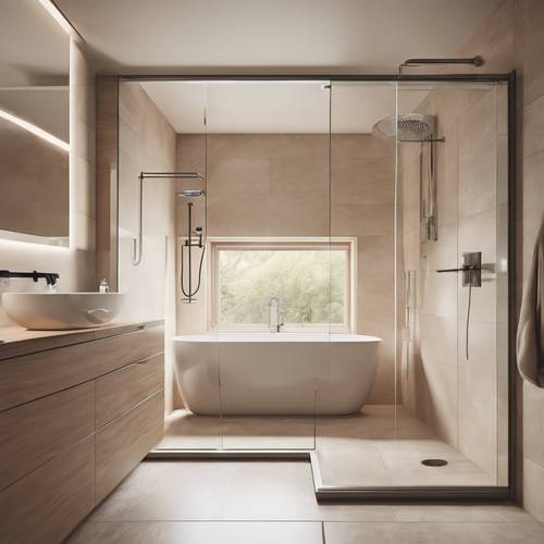 Une vue spatiale d’une salle de bains épurée et minimaliste de couleur beige avec une cabine de douche en verre.