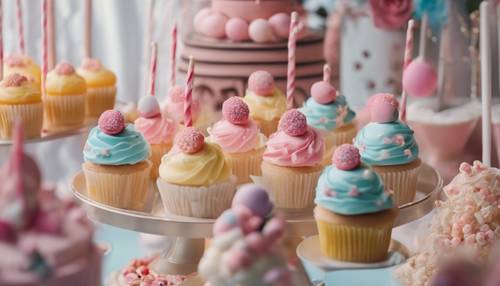 Uma mesa de sobremesas doces posta com cupcakes kawaii temáticos, macaroons delicados e cake pops coloridos.