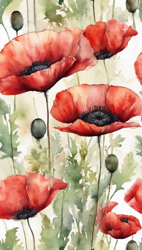 A serene watercolor painting depicting vibrant red poppies in full bloom.