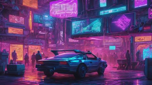 A busy cyberpunk marketplace resplendent with blue and purple holographic signs.