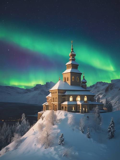An illuminated monastery atop a snow-dusted mountain, basking in the ethereal glow of the Aurora Borealis. Tapeta [a82cbbd4a0d14874aef9]