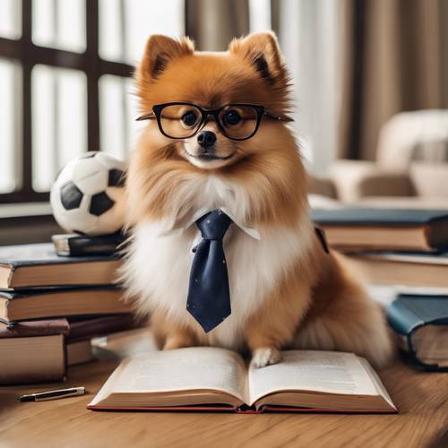 一隻戴著眼鏡、看起來像預科生的博美犬，拿著歷史教科書和足球擺姿勢。