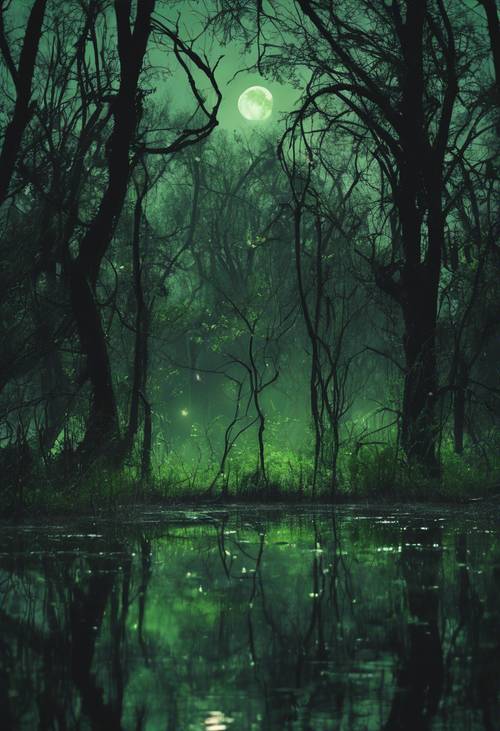 病态绿月光芒下的一片浑浊的沼泽。