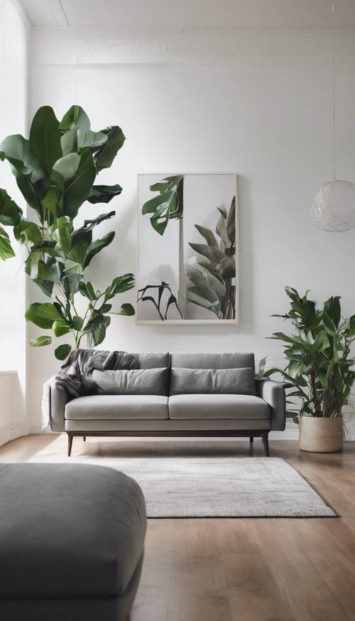 Un soggiorno moderno e minimalista con pareti bianche, pavimenti in legno, un divano grigio e piante verdi da interno.