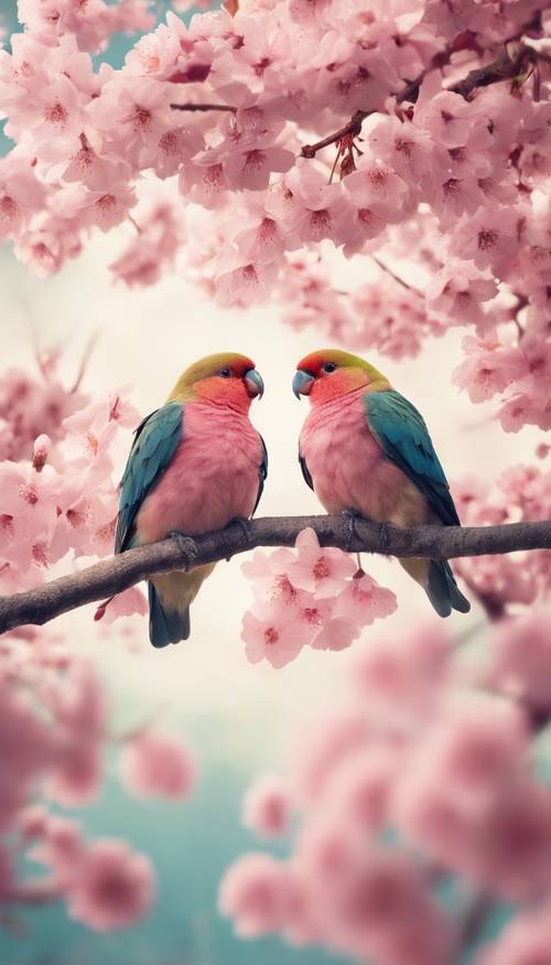 Two lovebirds perching on a branch, surrounded by pink cherry blossoms Tapeta [f73bdf8d4c3d4cf8909f]