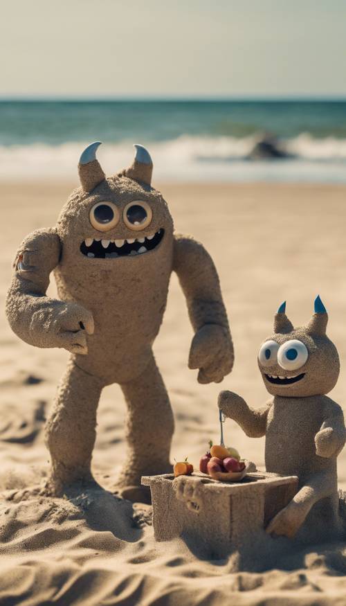 Two monsters having a picnic on a sunny beach, a sand castle nearby.