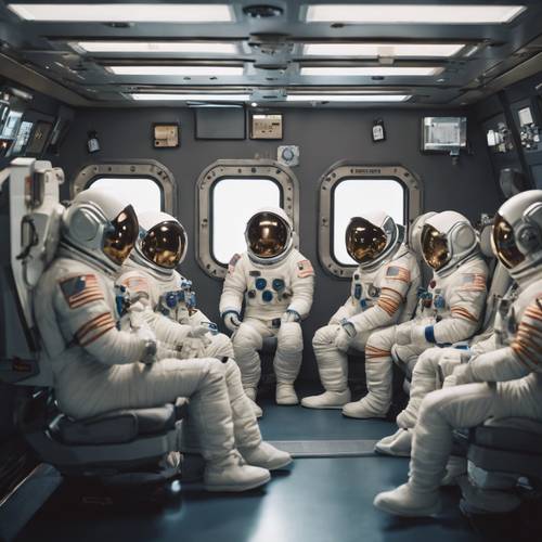우주복을 입은 우주 비행사 그룹이 현대 우주 정거장 내부에 모여 회의를 하고 있습니다.