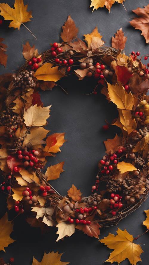 Una corona hecha de hojas, ramitas y bayas de otoño, ingeniosamente diseñada para representar el signo de Libra.