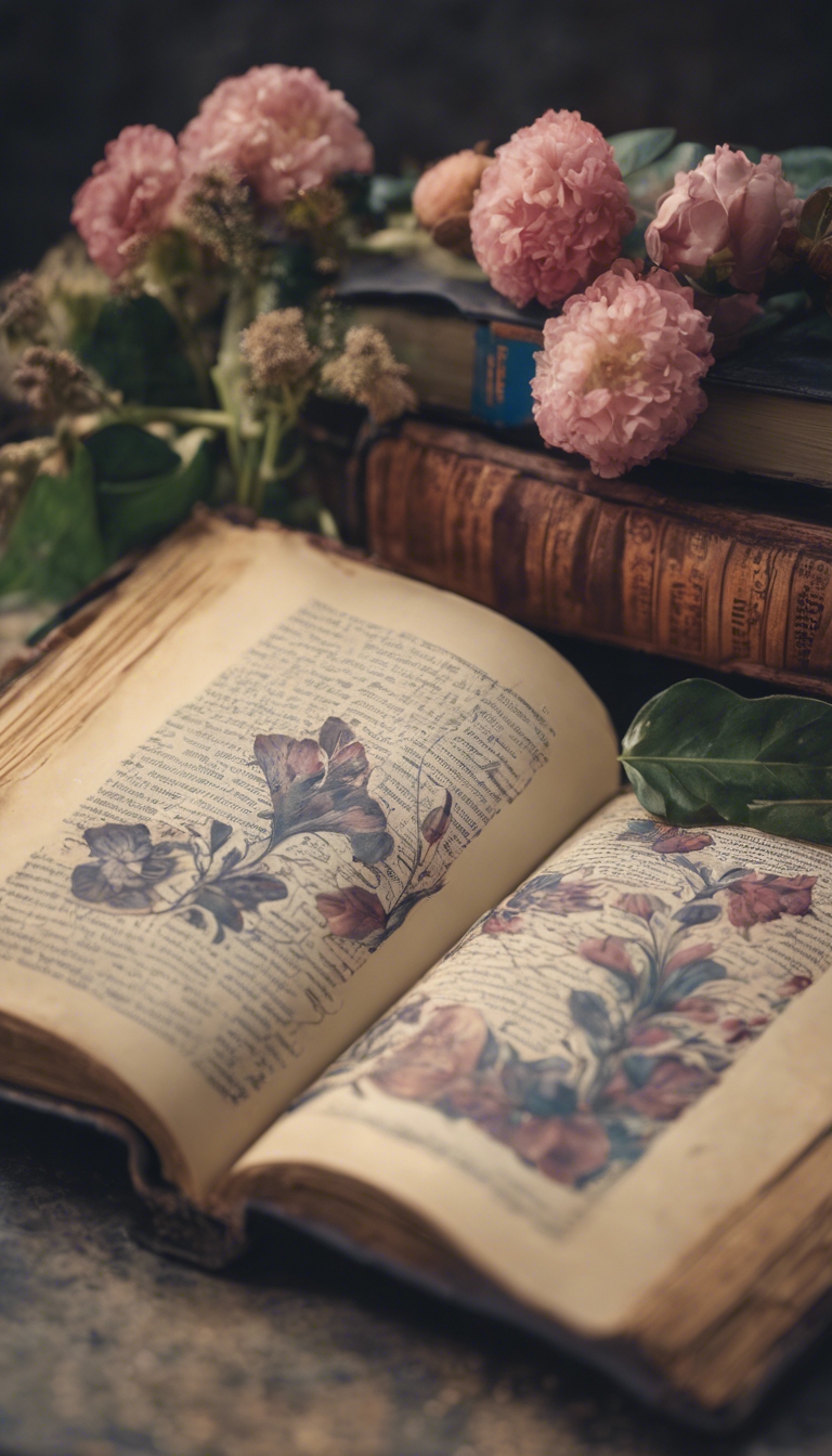 An old, dusty book with Indie Flower pattern on the cover. Tapet[18e98dabfbee4a41ac72]