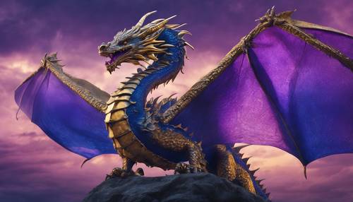 Un gran dragón azul real y dorado que atraviesa un místico cielo púrpura.