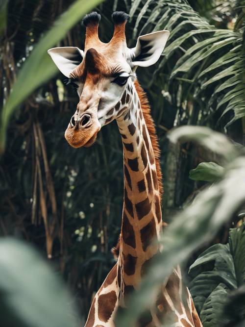 A giraffe standing behind lush tropical foliage, only its head visible, creating a sense of intrigue and mystery.