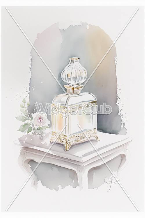 Elegante botella de perfume sobre una mesa con flores.