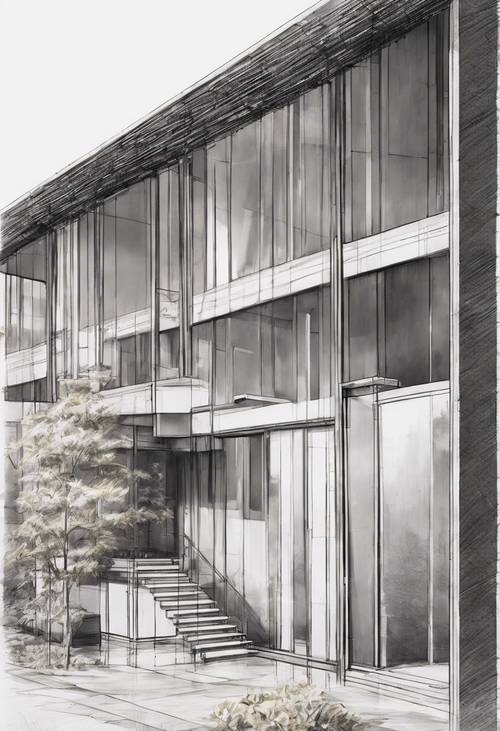 日本极简主义建筑的草图，由简单的结构和大窗户组成。