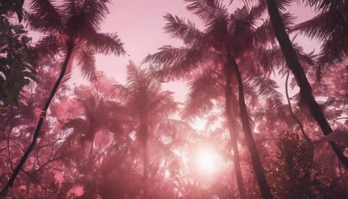 A jungle illuminated in soft pink patches, as the sun's first rays penetrate its dense canopy.