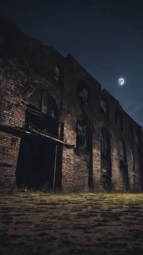 Un entrepôt abandonné en briques noires sous la pleine lune.