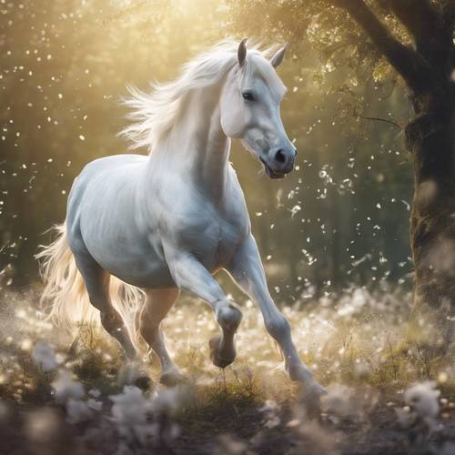 Büyülü bir çayırda ışıltılı büyülü tozla dörtnala koşan görkemli beyaz bir tek boynuzlu at.