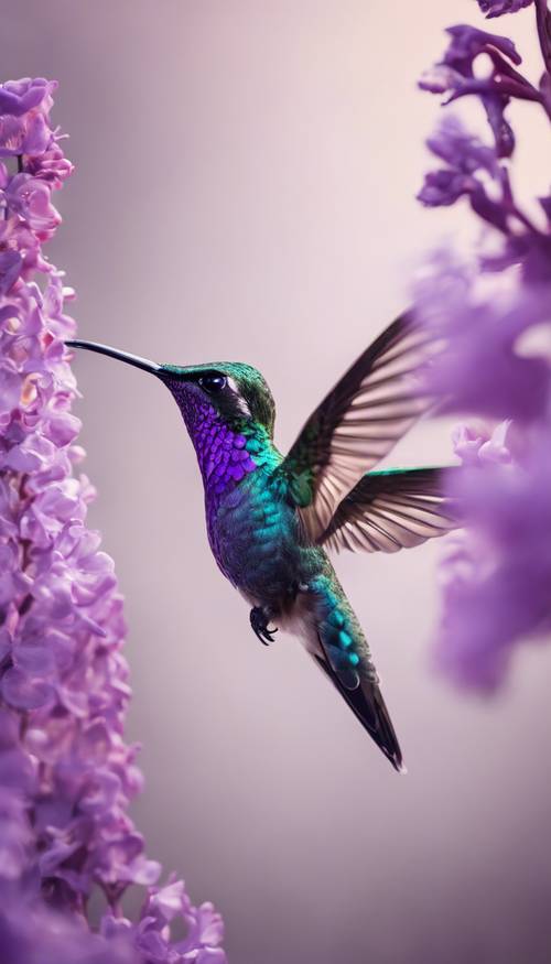 Sebuah karya seni minimalis yang menampilkan burung kolibri ungu kerajaan melayang di atas bunga ungu.
