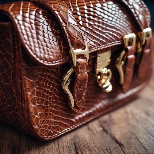 Close up of a luxury textured snakeskin handbag on a rich mahogany table.