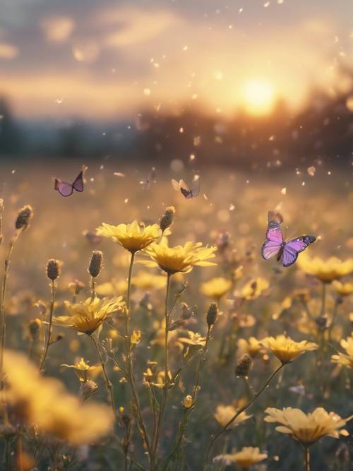 Escena del atardecer con vistas a un prado lleno de flores de color amarillo pastel y mariposas kawaii revoloteando sobre ellas.