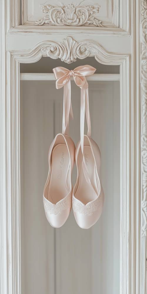 Elegant Pink Shoes Hanging on a White Frame Wallpaper [db9a3c253ace4fd6a0a0]