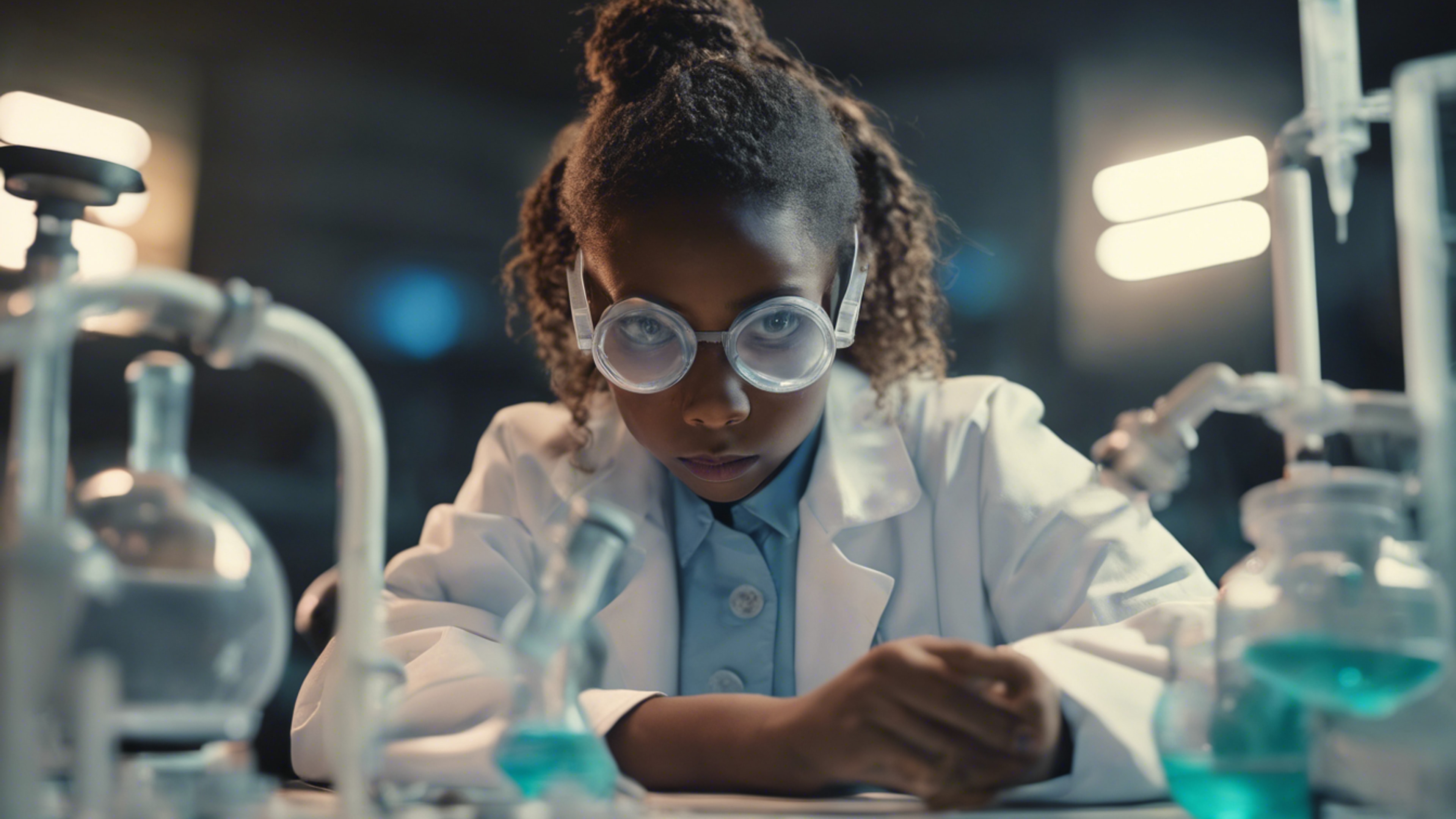 A young black girl wearing goggles and lab coat immersed in doing science experiment. Divar kağızı[448c919503a247f79693]