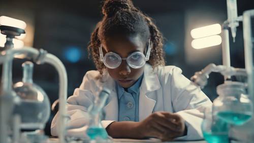 Młoda czarna dziewczyna w okularach i fartuchu laboratoryjnym, pogrążona w przeprowadzaniu eksperymentu naukowego.