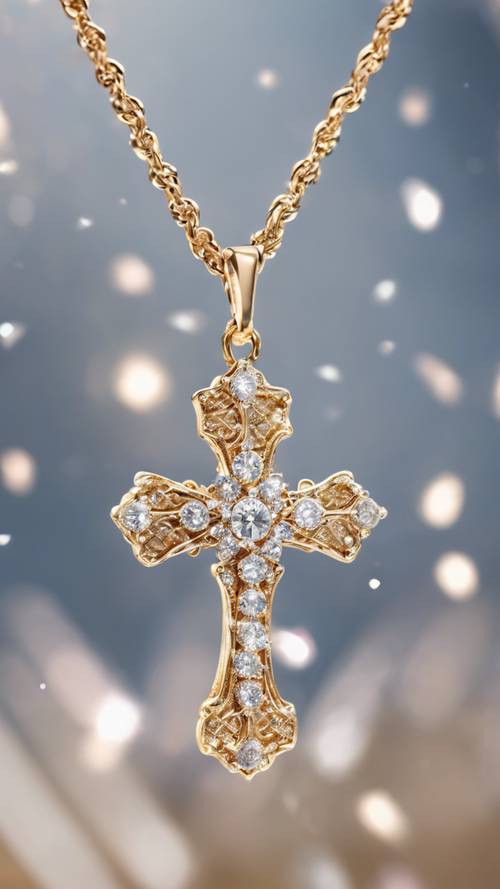 A detailed close-up of a cross necklace, studded with tiny shining diamonds.