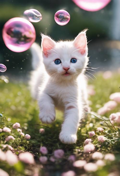 Cute white kittens playfully chasing after large, transparent pink bubbles.