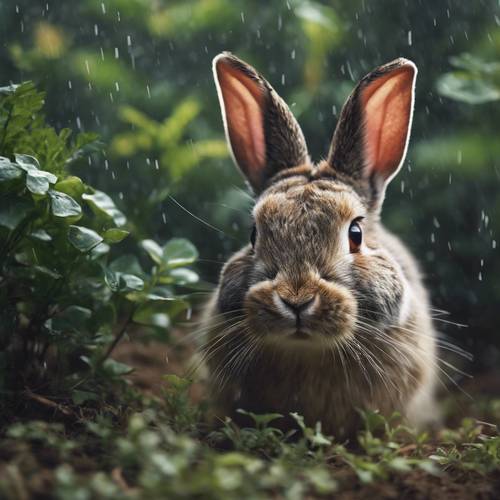 雷雨天，一隻膽小的兔子，低著耳朵，躲在灌木叢下。