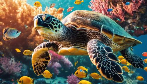 Une tortue de mer flottant gracieusement au milieu d’une explosion de poissons tropicaux colorés dans un récif de corail aux couleurs vives.