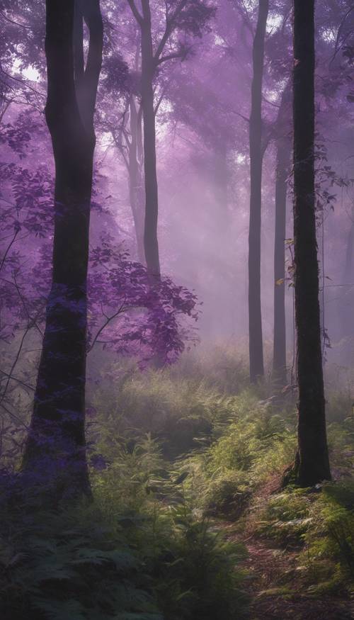 Un bosco visto attraverso la nebbia, con il fogliame trasformato in sfumature violacee dalla luce del primo mattino.