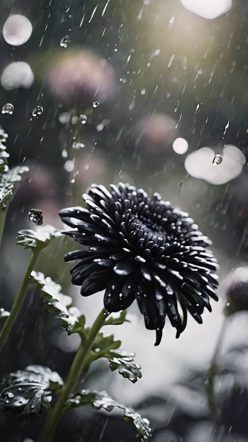 A line drawn picture book style black chrysanthemum gleaming with raindrops.
