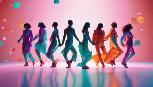 Abstract minimalist geometric design of dancing people in vibrant outfits. Tapet [1c3ee8585ccc4c25b300]