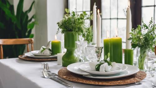 Une table à manger joliment dressée avec une nappe blanche, des bougies vertes et un décor de feuillage vert frais.