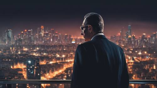 A mafia boss glancing over his shoulder, a skyline of the city in the background as night falls.