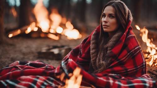 붉은색 체크무늬 담요를 두른 여성이 모닥불 옆에 편안하게 앉아 있습니다.