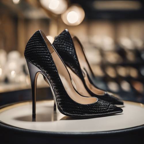 A pair of black stiletto heels with pointed toes, displayed in a luxury boutique. Wallpaper [770bc0c4a6ce402abfaf]