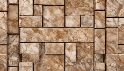 Splendida parete realizzata con blocchi di marmo marrone chiaro lucido dal design senza soluzione di continuità.