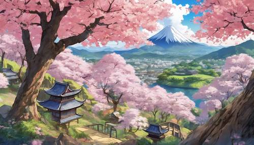 A rice ball (onigiri) in anime-style with an aesthetic background of sakura trees in spring. کاغذ دیواری [4e2cc6060b43439297d7]