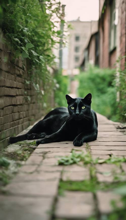 Panther-like black cat with green eyes lounging in an overgrown urban alley way.