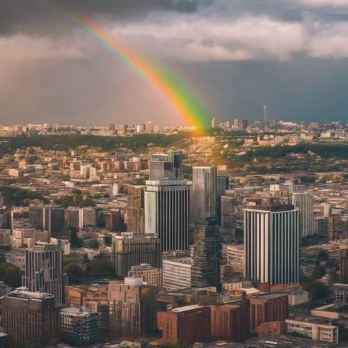 Una vista paesaggistica che mostra un arcobaleno semicircolare vivido e completo su un paesaggio urbano ingrigito.