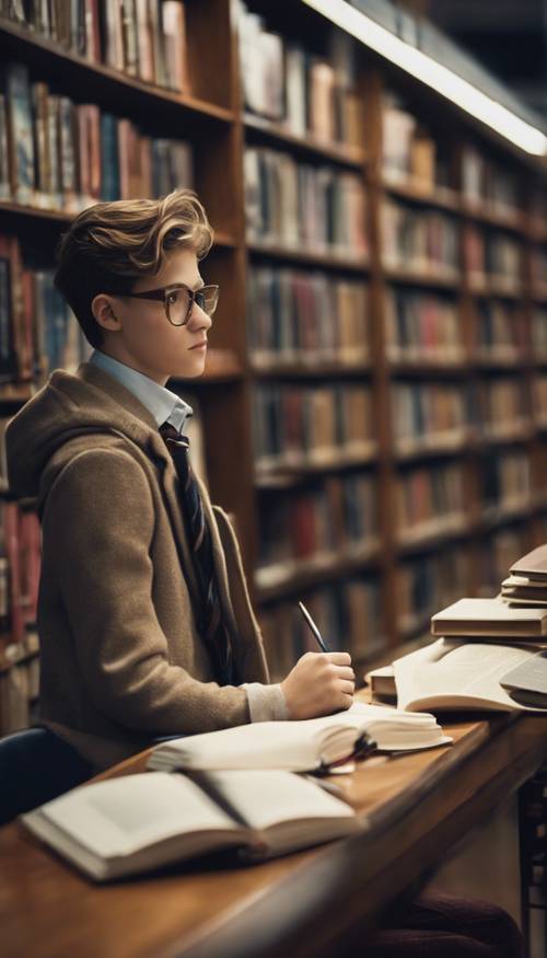 Ein adretter Junge in fleißiger Stimmung sitzt in einer Bibliothek. Hintergrund [9996eeea4e3544e2baca]