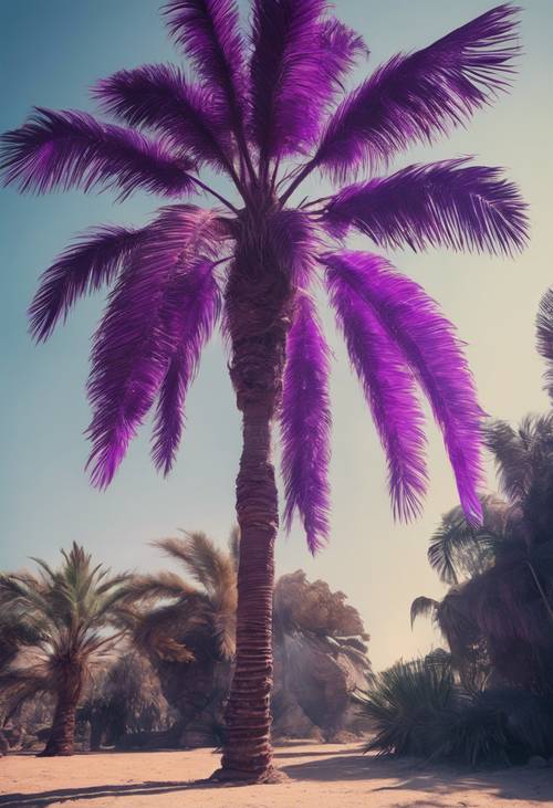 Una escena de fantasía con una palmera gigante de color púrpura que brinda sombra a algunas criaturas místicas durante un día caluroso y extraño.