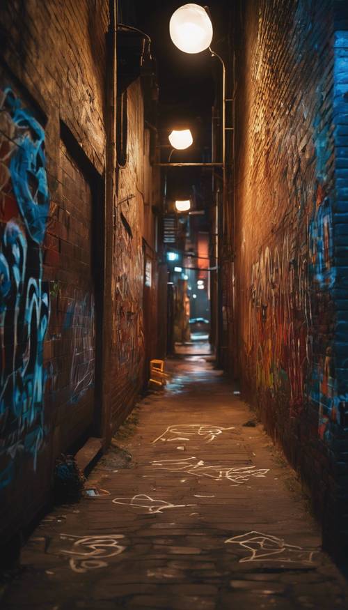 Beco escuro iluminado pelo brilho quente de uma luz de rua, revelando um grande e complexo mural de graffiti